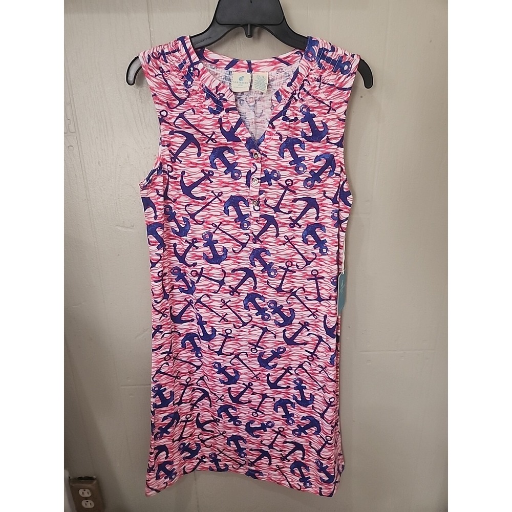 Caribbean Joe Women Medium Pink Blue Anchor Nautical Sleeveless Cotton Dress NWT